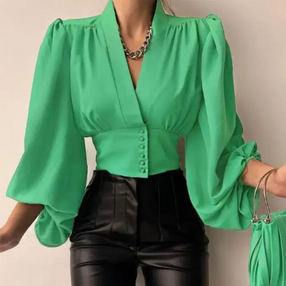 🔹️Chic Me Green Satin Deep Vneck Cropped Long Puff Sleeve Top Small